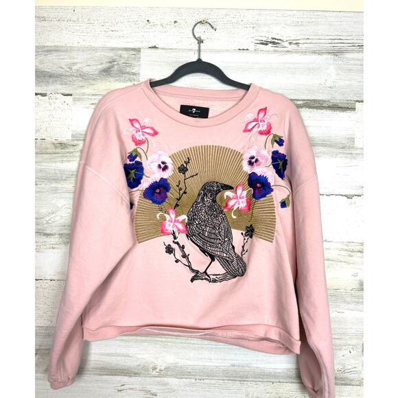7 For All Mankind Womens small pink embroidered sweatshirt raven Crew Neck top - Picture 2 of 7